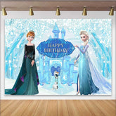 Lofaris Frozen Inspired Happy Birthday Backdrop with Ice Queen and Princess Winter Snow Castle Cartoon Movie Party