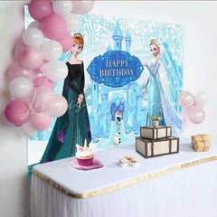 Lofaris Frozen Inspired Happy Birthday Backdrop with Ice Queen and Princess Winter Snow Castle Cartoon Movie Party