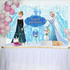 Lofaris Frozen Inspired Happy Birthday Backdrop with Ice Queen and Princess Winter Snow Castle Cartoon Movie Party