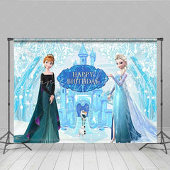 Lofaris Frozen Inspired Happy Birthday Backdrop with Ice Queen and Princess Winter Snow Castle Cartoon Movie Party