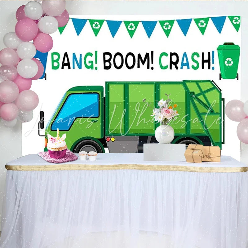 Lofaris Garbage Truck Birthday Party Backdrop Green Recycling Car Trash Bash Photography Background Boy Happy Birthday Banner Prop