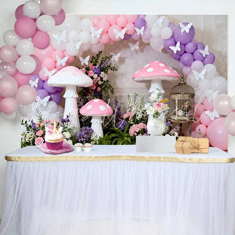 Lofaris Giant Pink Mushroom and Butterfly Spring Backdrop Purple Balloon Arch Floral Girls Birthday Background