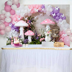 Lofaris Giant Pink Mushroom and Butterfly Spring Backdrop Purple Balloon Arch Floral Girls Birthday Background