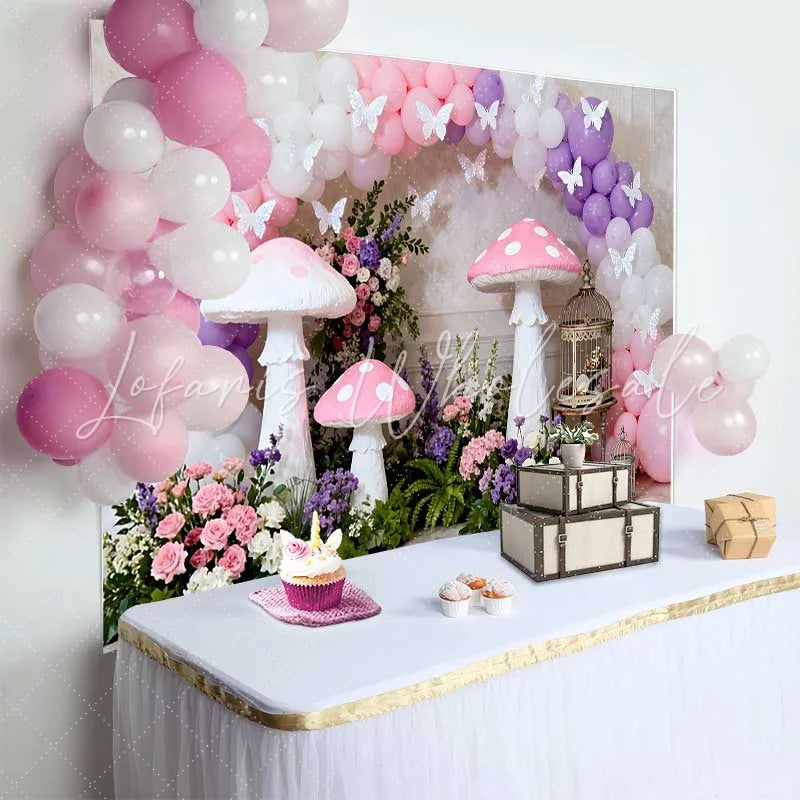 Lofaris Giant Pink Mushroom and Butterfly Spring Backdrop Purple Balloon Arch Floral Girls Birthday Background