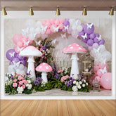Lofaris Giant Pink Mushroom and Butterfly Spring Backdrop Purple Balloon Arch Floral Girls Birthday Background
