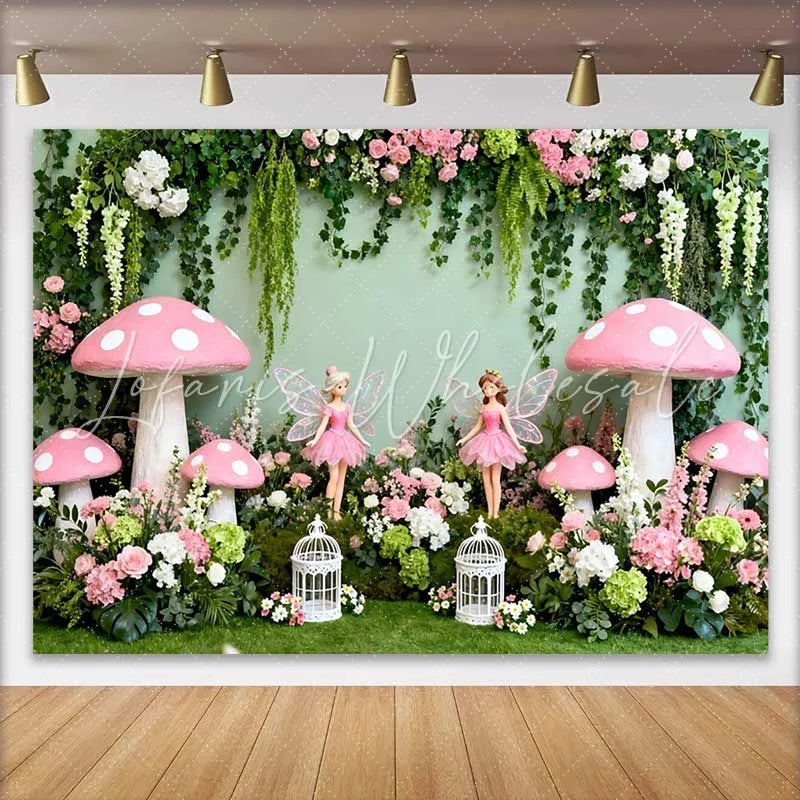 Lofaris Giant Pink Mushroom and Fairy Spring Backdrop Enchanted Forest Floral Girls Birthday Background