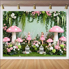 Lofaris Giant Pink Mushroom and Fairy Spring Backdrop Enchanted Forest Floral Girls Birthday Background