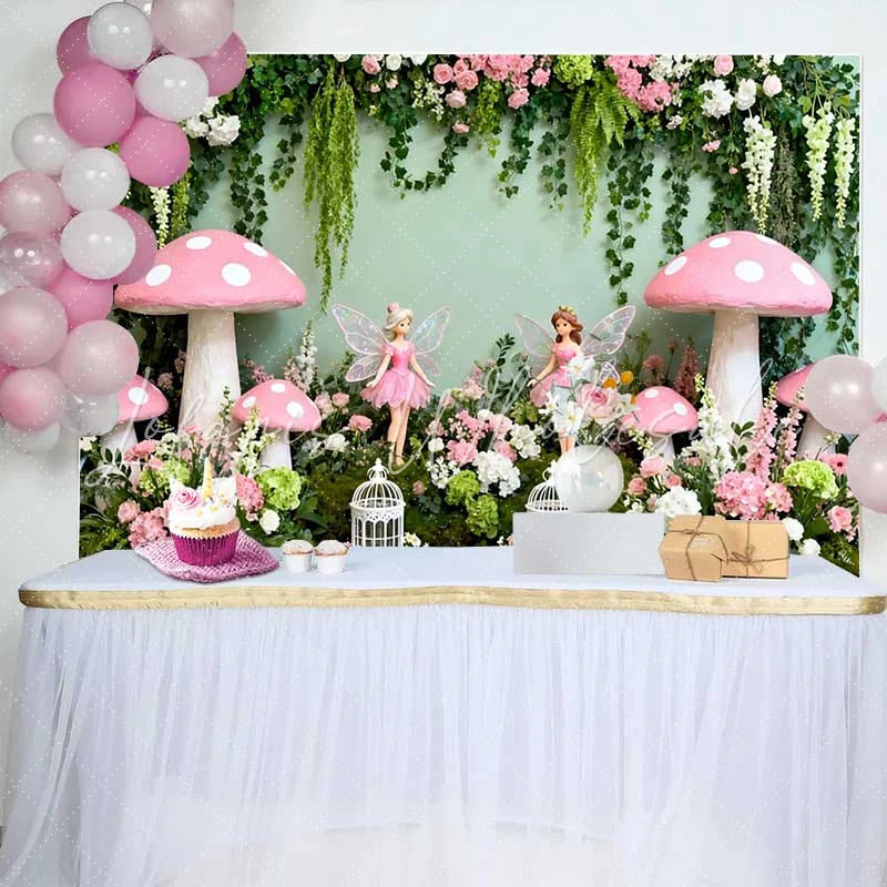Lofaris Giant Pink Mushroom and Fairy Spring Backdrop Enchanted Forest Floral Girls Birthday Background
