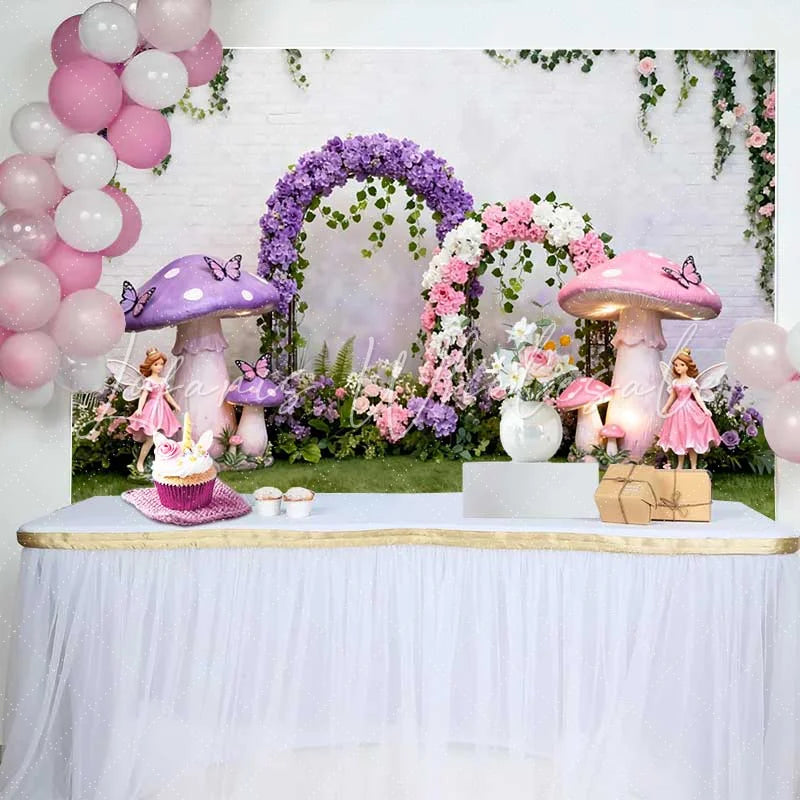 Lofaris Giant Purple Mushroom and Fairy Spring Backdrop Floral Arch Enchanted Forest Birthday Party Background