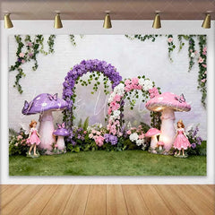 Lofaris Giant Purple Mushroom and Fairy Spring Backdrop Floral Arch Enchanted Forest Birthday Party Background