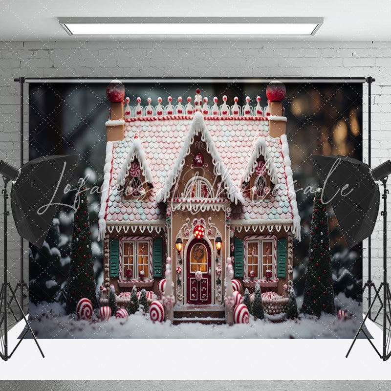 Lofaris Gingerbread House Candy Blurry Christmas Backdrop