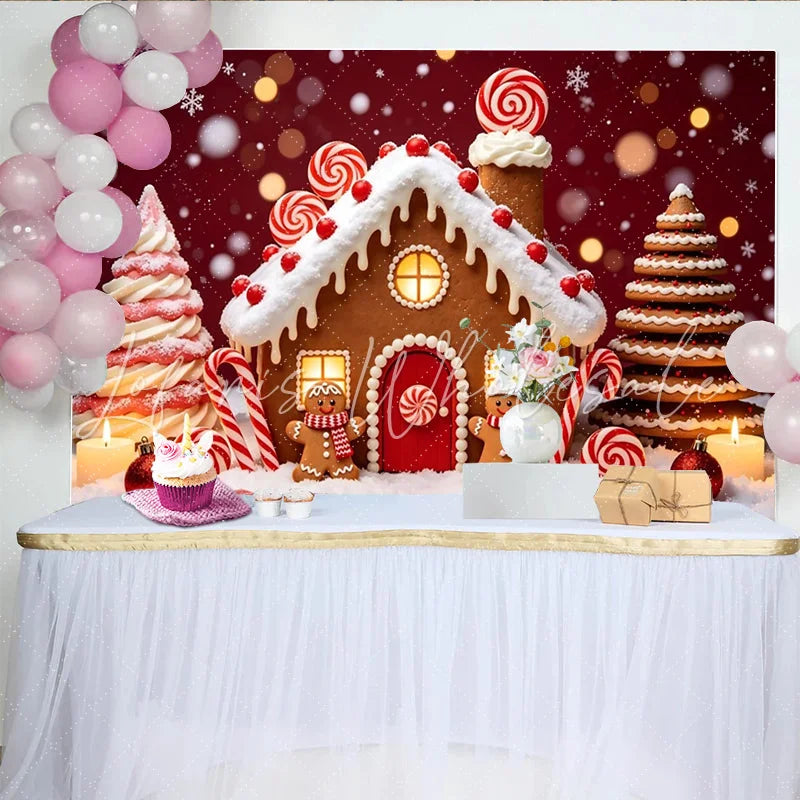 Lofaris Gingerbread House Christmas Backdrop with Candy Canes and Snowflakes Festive Holiday Background for Winter Party Decor