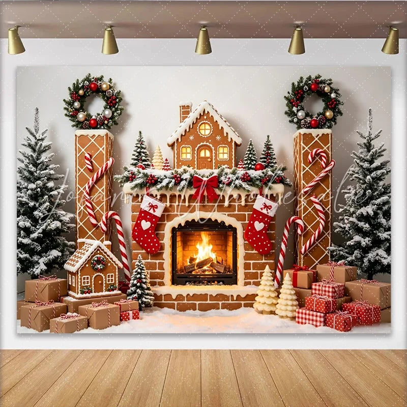 Lofaris Gingerbread House Christmas Backdrop with Fireplace and Stockings Festive Winter Holiday Background for Family Photoshoot