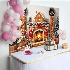 Lofaris Gingerbread House Christmas Backdrop with Fireplace and Stockings Festive Winter Holiday Background for Family Photoshoot