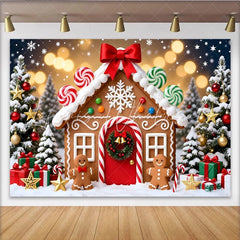 Lofaris Gingerbread House Christmas Backdrop with Snow and Festive Trees Sweet Winter Holiday Background for Party Decoration and Photoshoot