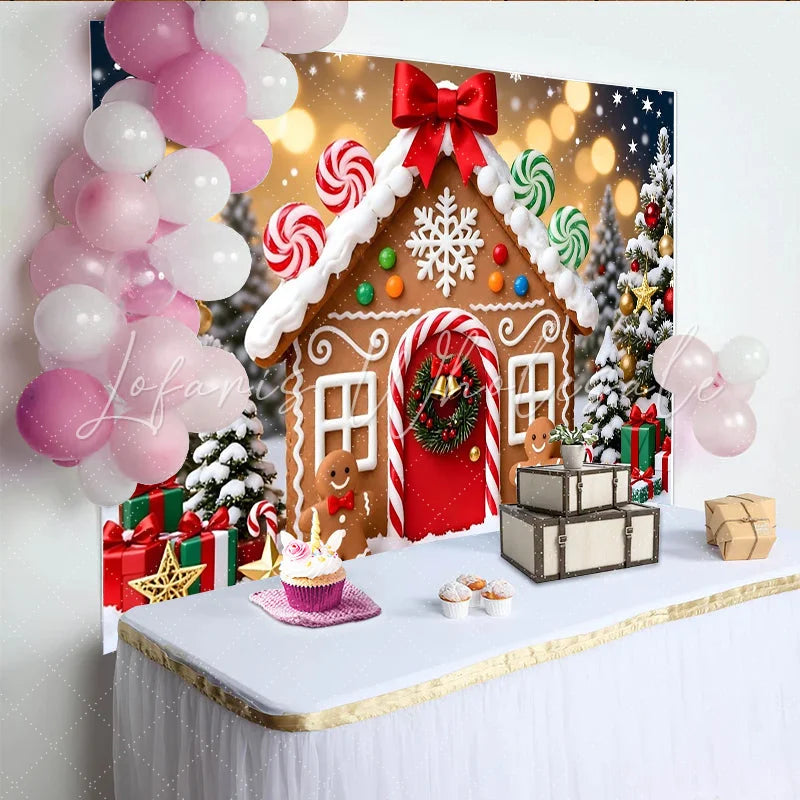 Lofaris Gingerbread House Christmas Backdrop with Snow and Festive Trees Sweet Winter Holiday Background for Party Decoration and Photoshoot