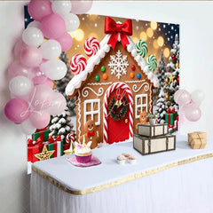 Lofaris Gingerbread House Christmas Backdrop with Snow and Festive Trees Sweet Winter Holiday Background for Party Decoration and Photoshoot