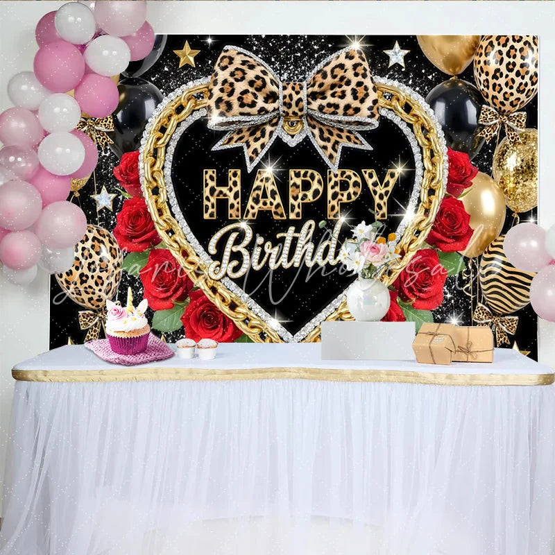 Lofaris Glamorous Leopard Print Birthday Backdrop with Gold Chain Elegant Party Decor and Photo Booth Background