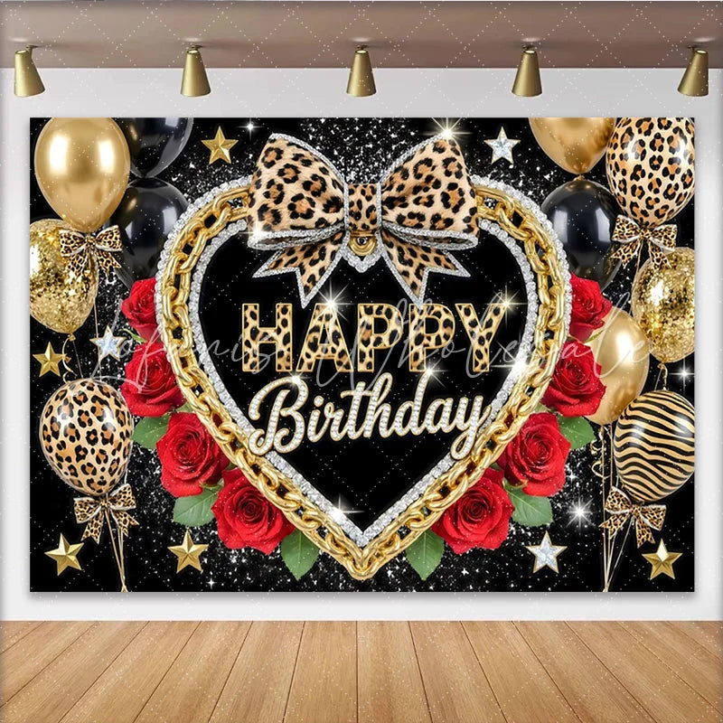 Lofaris Glamorous Leopard Print Birthday Backdrop with Gold Chain Elegant Party Decor and Photo Booth Background