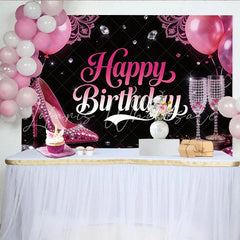 Lofaris Glamorous Pink Birthday Backdrop with High Heels and Diamonds Elegant Party Background for Women Celebration