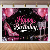 Lofaris Glamorous Pink Birthday Backdrop with High Heels and Diamonds Elegant Party Background for Women Celebration