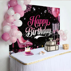 Lofaris Glamorous Pink Birthday Backdrop with High Heels and Diamonds Elegant Party Background for Women Celebration
