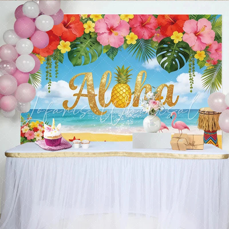 Lofaris Glitter Aloha Tropical Photography Backdrop Pineapple and Flowers Vibrant Beach Scene Background for Summer Party Decor