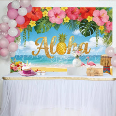 Lofaris Glitter Aloha Tropical Photography Backdrop Pineapple and Flowers Vibrant Beach Scene Background for Summer Party Decor