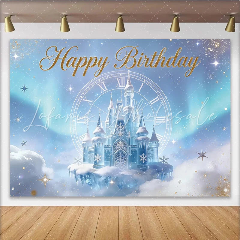 Lofaris Glitter Blue Ice Castle Birthday Backdrop with Clock and Snowflakes Enchanting Winter Wonderland Background for Party Decor