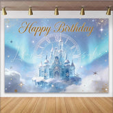 Lofaris Glitter Blue Ice Castle Birthday Backdrop with Clock and Snowflakes Enchanting Winter Wonderland Background for Party Decor