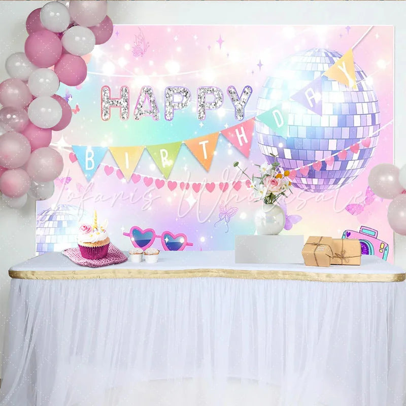 Lofaris Glitter Disco Birthday Backdrop with Pastel Gradient Colors and Sparkling Butterflies Fun Party Decor for Girls Photoshoot