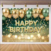 Lofaris Glitter Gold Green Happy Birthday Backdrop with Balloons and Bokeh Elegant Party Decoration for Photoshoot and Event