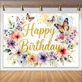 Lofaris Glitter Gold Happy Birthday Floral Butterfly Backdrop with Watercolor Flowers Elegant Party Decoration for Girls Photo Booth
