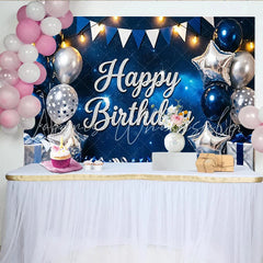 Lofaris Glitter Happy Birthday Backdrop with Blue and Silver Balloons Luxurious Starry Night Party Background for Celebration Photoshoot