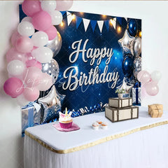 Lofaris Glitter Happy Birthday Backdrop with Blue and Silver Balloons Luxurious Starry Night Party Background for Celebration Photoshoot