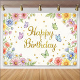 Lofaris Glitter Happy Birthday Floral Butterfly Birthday Backdrop Colorful Flower Photography Background for Party Decor