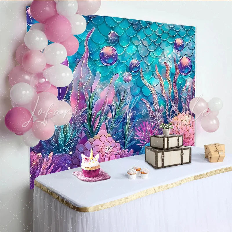 Lofaris Glitter Mermaid Photography Backdrop with Teal Scales and Pink Coral Whimsical Underwater Background for Studio and Party Decor