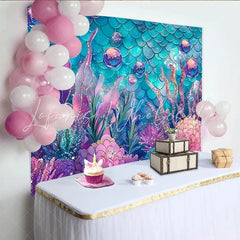 Lofaris Glitter Mermaid Photography Backdrop with Teal Scales and Pink Coral Whimsical Underwater Background for Studio and Party Decor