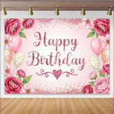 Lofaris Glitter Pink Happy Birthday Backdrop with Floral and Balloons Elegant Party Decor Background for Girls Photoshoot