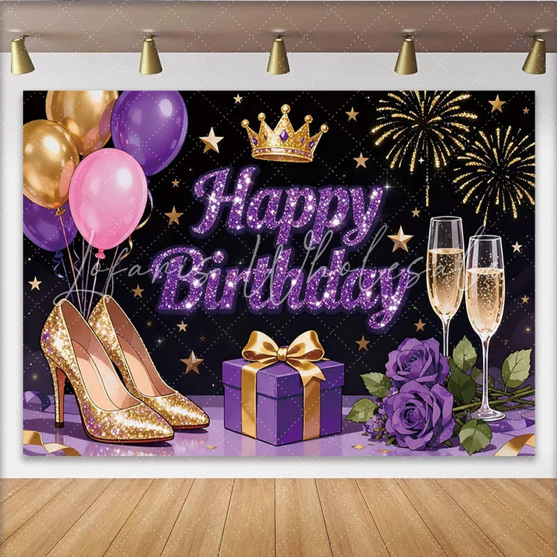 Lofaris Glitter Purple Gold Happy Birthday Backdrop with Crown and High Heels Elegant Party Decoration for Photoshoot