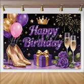 Lofaris Glitter Purple Gold Happy Birthday Backdrop with Crown and High Heels Elegant Party Decoration for Photoshoot