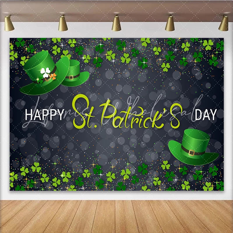 Lofaris Glitter St. Patrick Day Green Hat and Shamrock Backdrop Night Bokeh Party Decor