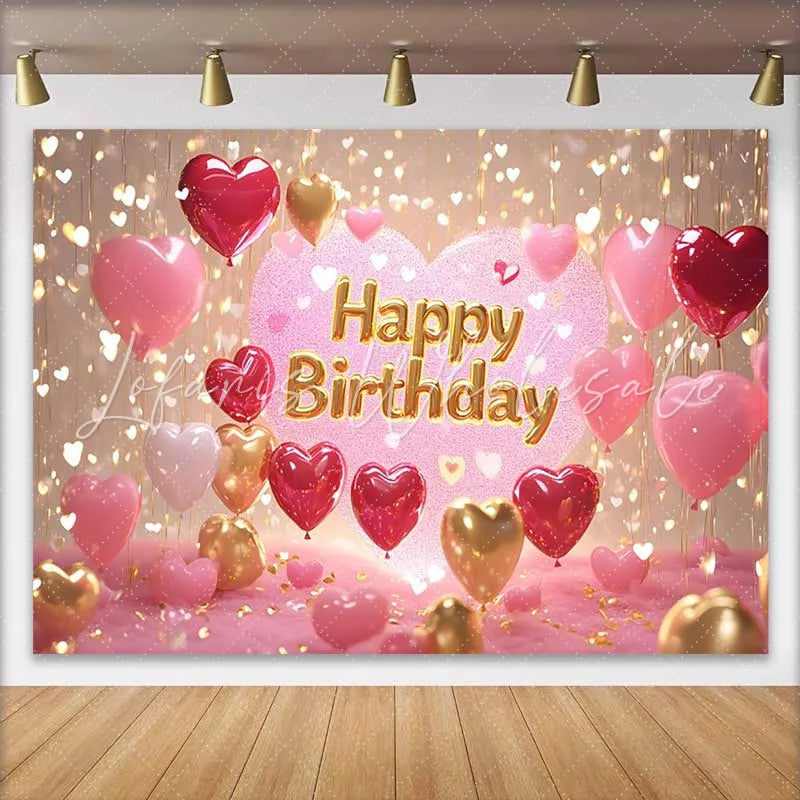 Lofaris Glittery Pink and Gold Heart Balloons Happy Birthday Backdrop Romantic Celebration Party Decor