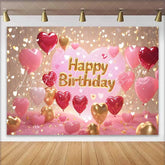 Lofaris Glittery Pink and Gold Heart Balloons Happy Birthday Backdrop Romantic Celebration Party Decor