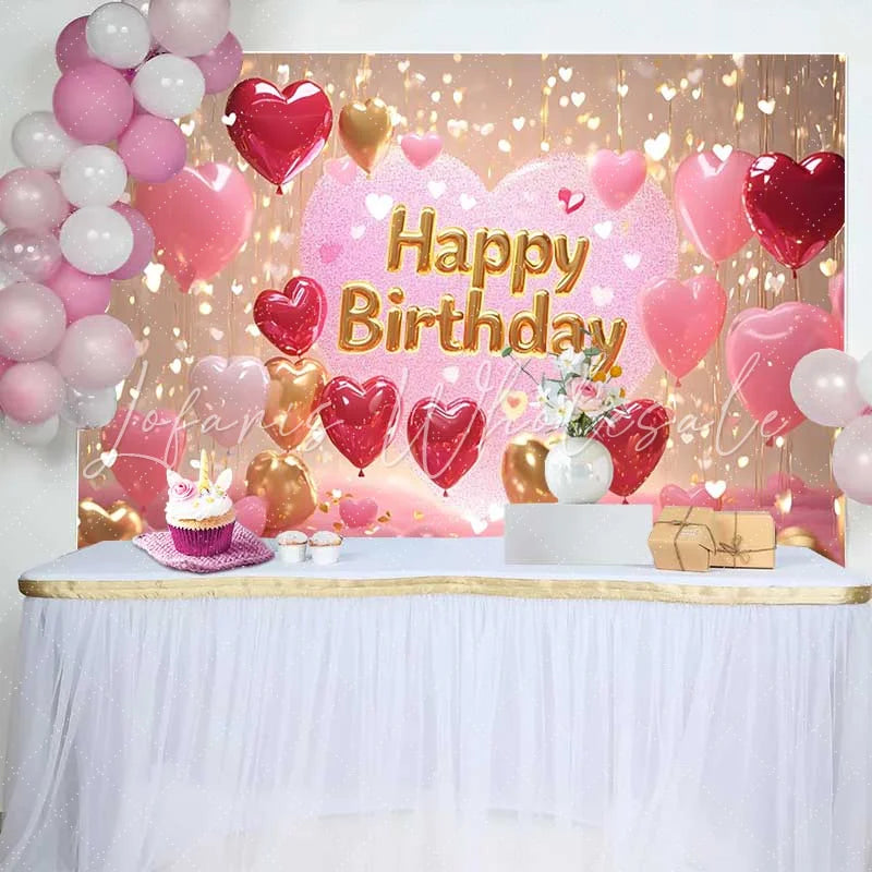 Lofaris Glittery Pink and Gold Heart Balloons Happy Birthday Backdrop Romantic Celebration Party Decor