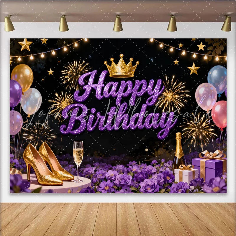 Lofaris Glittery Purple Happy Birthday Party Backdrop with Crown and Fireworks Elegant Celebration Decor