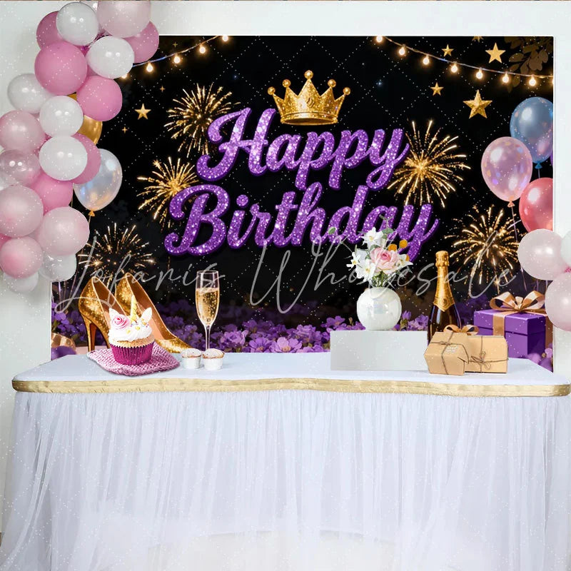 Lofaris Glittery Purple Happy Birthday Party Backdrop with Crown and Fireworks Elegant Celebration Decor