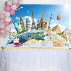 Lofaris Global Landmarks Travel Photography Backdrop for Studio Photoshoot Blue Sky World Map Background for Adventure Theme Party Decor