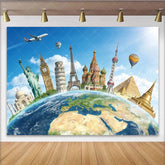 Lofaris Global Landmarks Travel Photography Backdrop for Studio Photoshoot Blue Sky World Map Background for Adventure Theme Party Decor