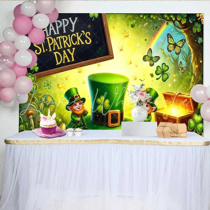Lofaris Glowing St Patricks Day Treasure Backdrop Leprechaun and Lucky Green Hat Banner